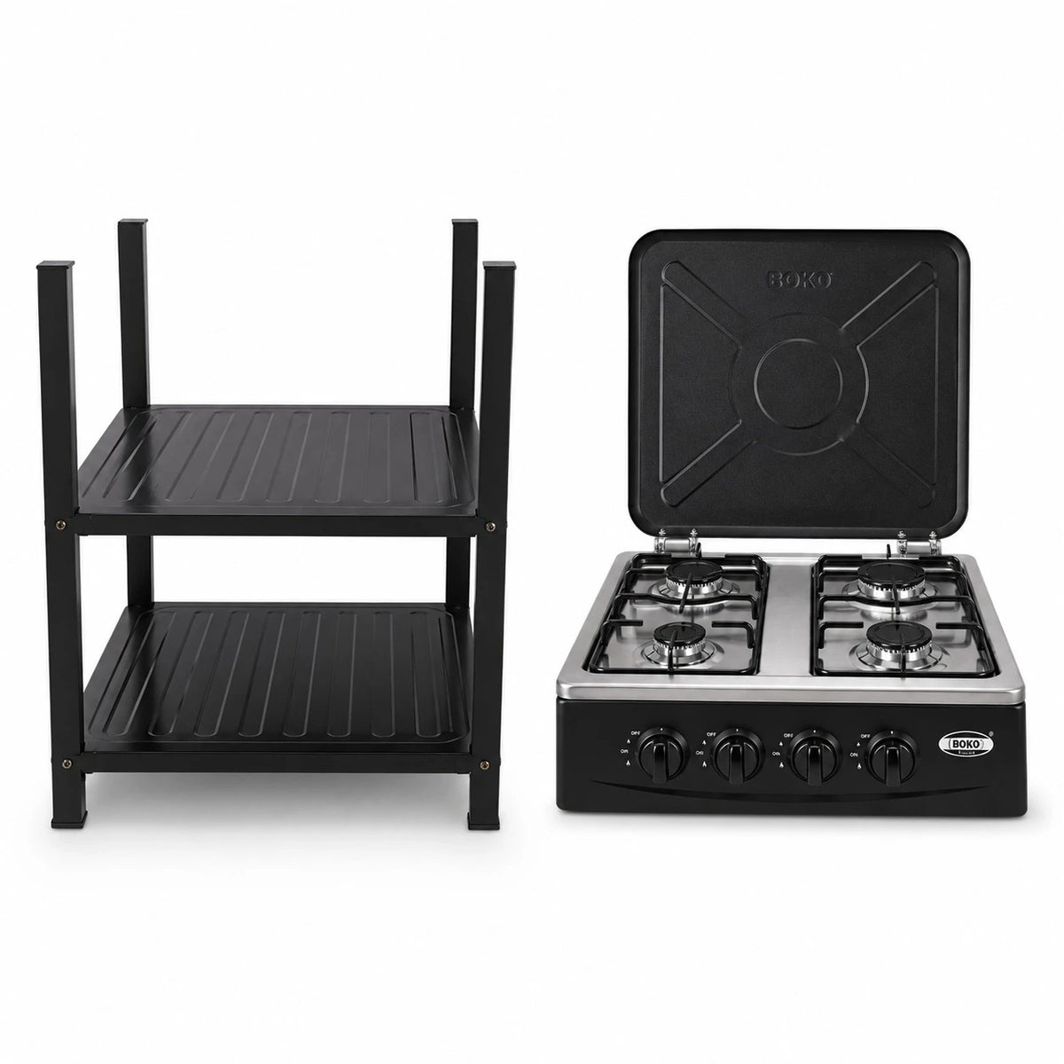 BOKO Gas Stove With Stand 4 Burner Gas Cooker Kitchen Stove Metal Storage Rack Freestanding Cooking Stove