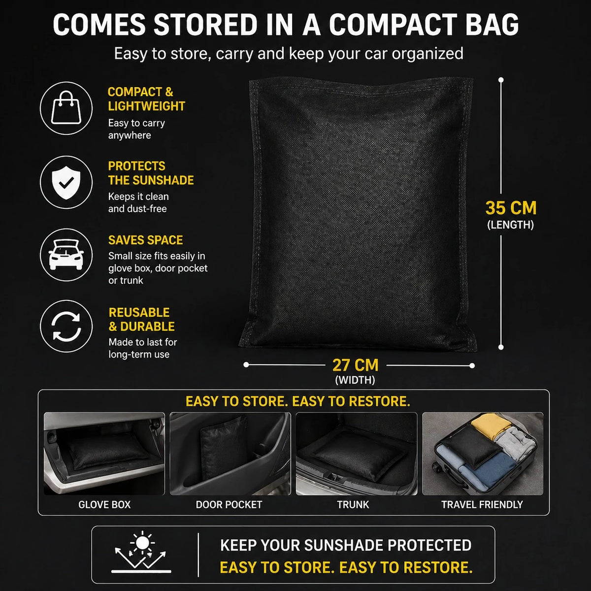 Foldable Car Sunshade 135 × 70 cm With Compact Storage Bag