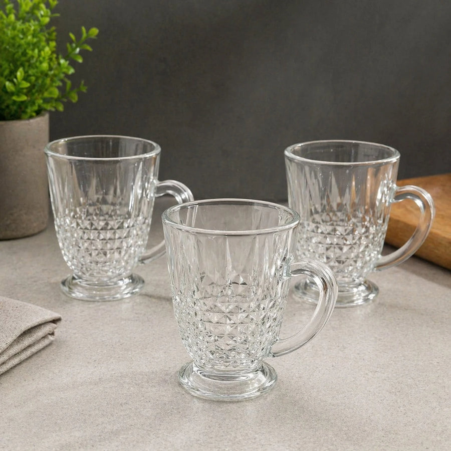 Clear Glass Tea Cups Pack of 3 120 ml Small Mug Set Ribbed Pattern Coffee Tea Cups with Handle