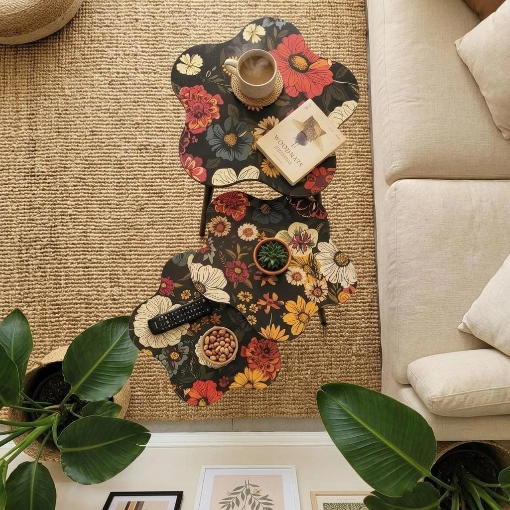 Nesting Floral Coffee Table Set of 3 Decorative Living Room Side Tables with Interchangeable Legs