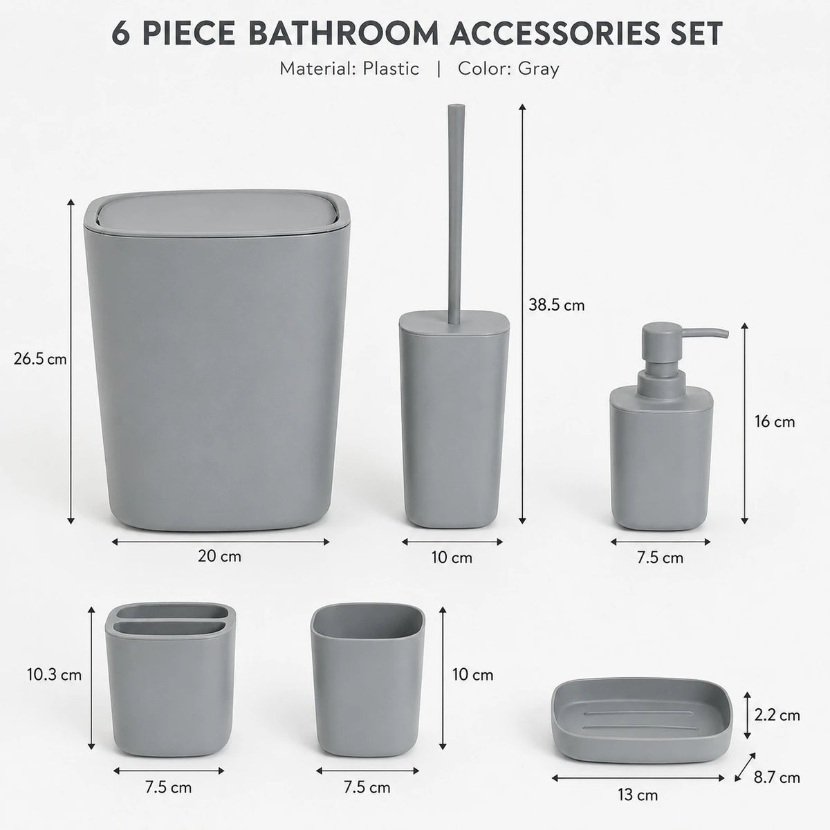 6 Piece Plastic Bathroom Accessories Set with Trash Bin Soap Dispenser Toothbrush Holder Tumbler Soap Dish and Toilet Brush