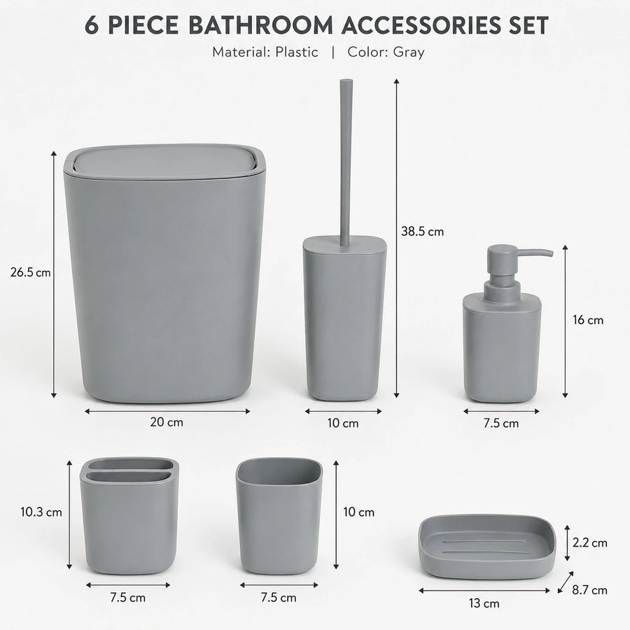 6 Piece Plastic Bathroom Accessories Set with Trash Bin Soap Dispenser Toothbrush Holder Tumbler Soap Dish and Toilet Brush