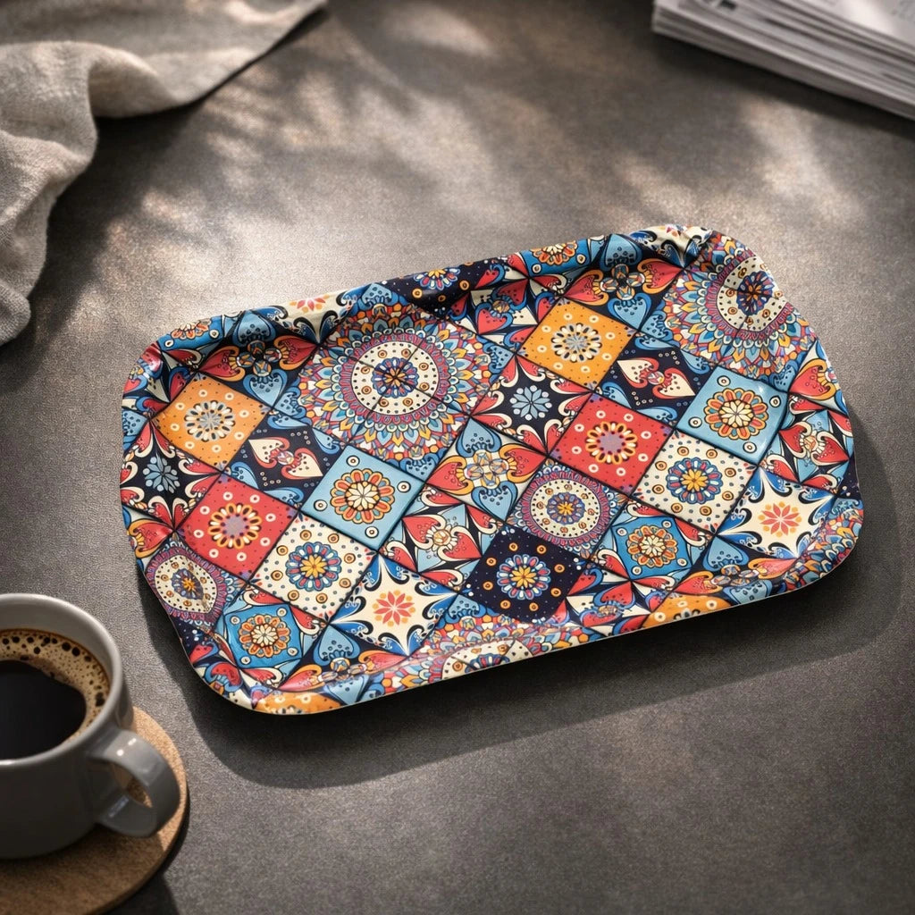 Turkish Serving Tray Metal Tray Mandala Ottoman Mosaic Design Coffee Snack Tray Rectangular Decorative Tray Medium Size Assorted