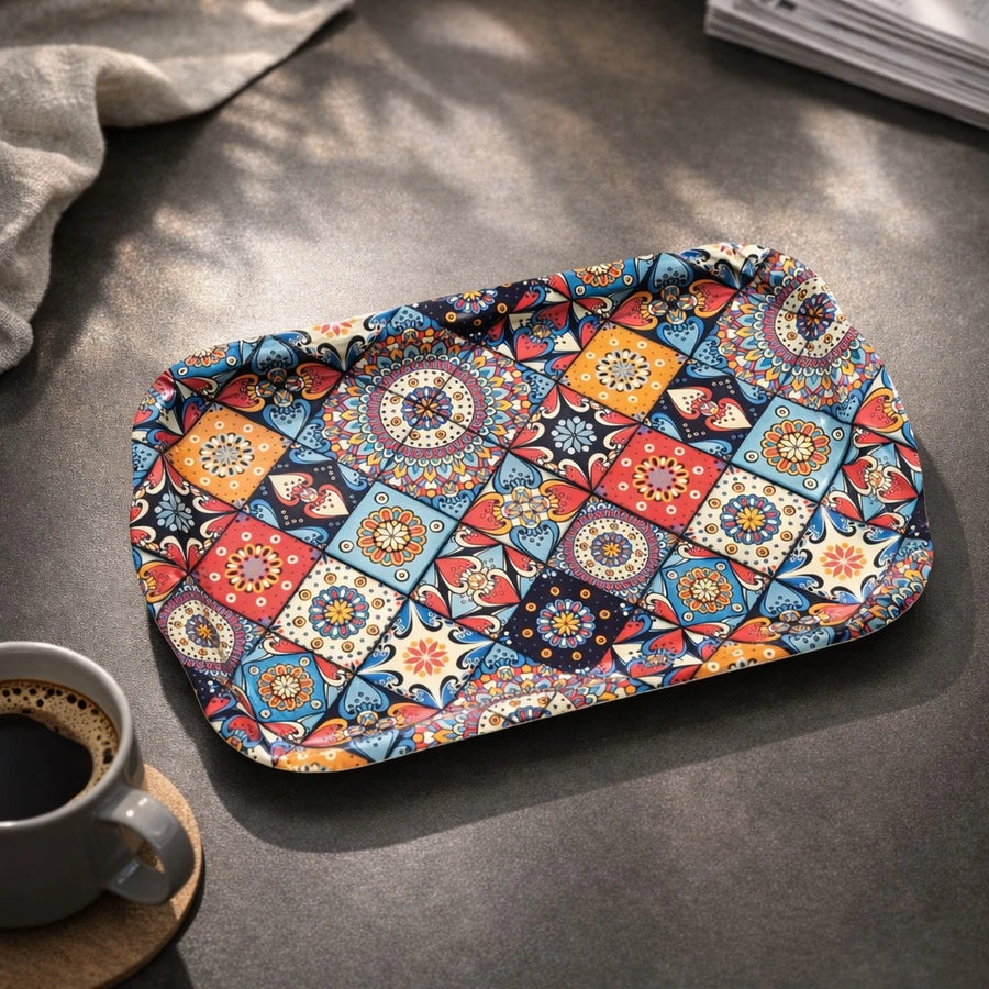 Turkish Serving Tray Metal Tray Mandala Ottoman Mosaic Design Coffee Snack Tray Rectangular Decorative Tray Medium Size Assorted