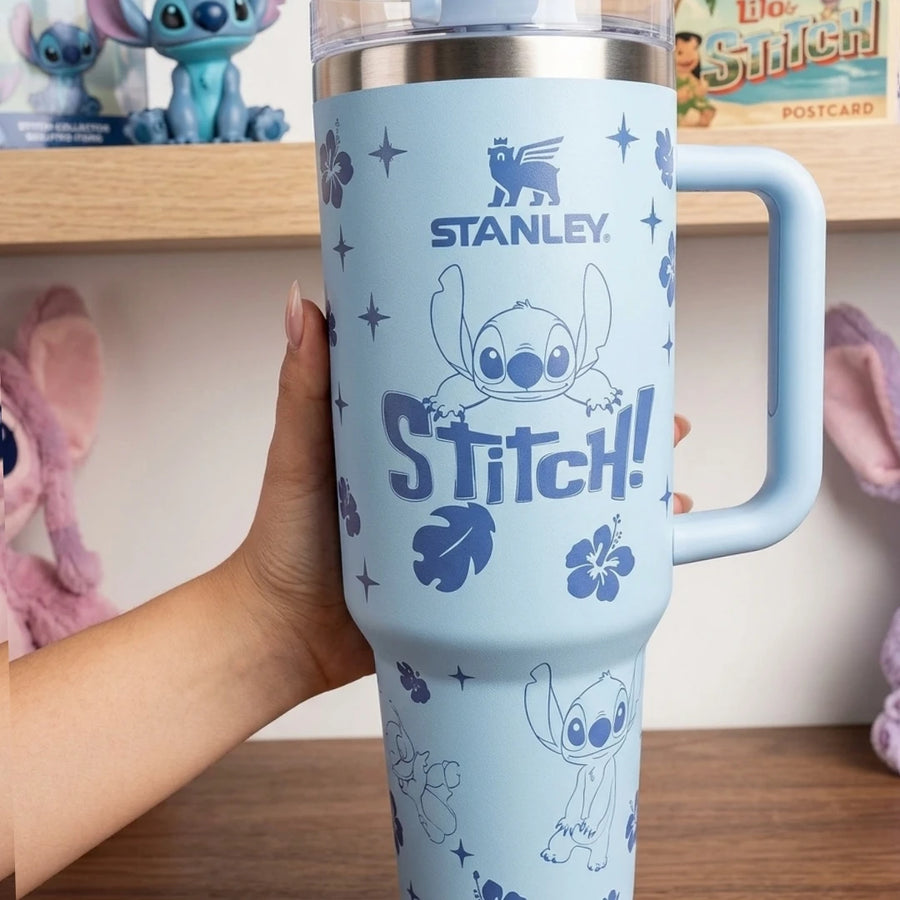 Stitch Inspired Stanley Style Stainless Steel Insulated Tumbler Cup With Handle Straw 40 Oz