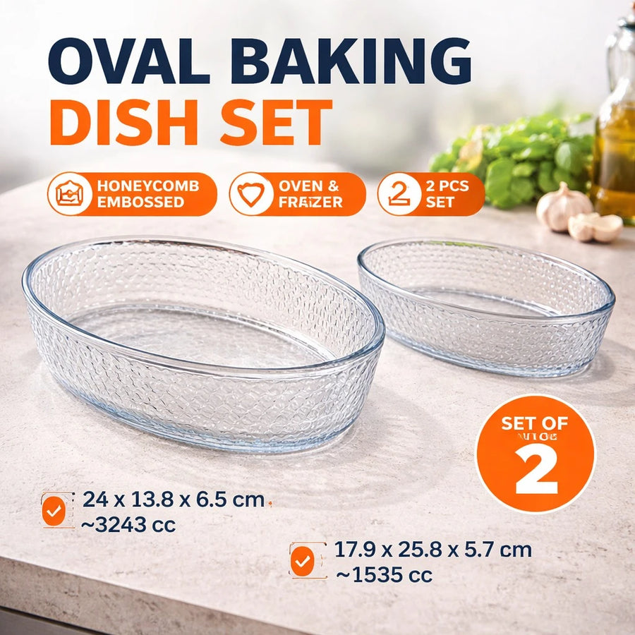 Borart Oval Baking Dish Set Glass Oven Baking Dish 2 PCS Heat Resistant Oven Safe Honeycomb Embossed Turkish Made