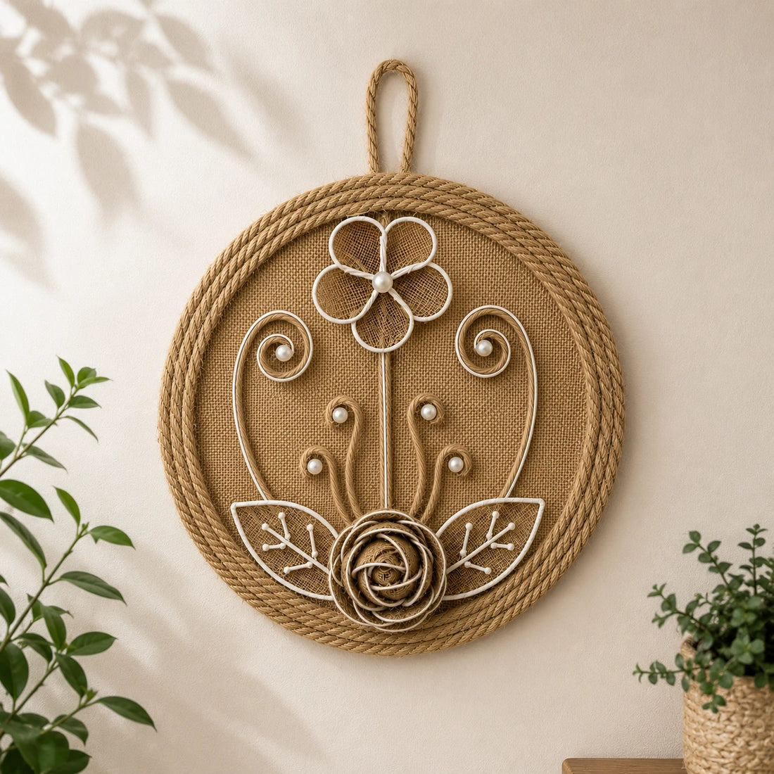 Handcrafted Jute Rope Floral Wall Hanging Decor Rustic Boho Wall Art Handmade Decorative
