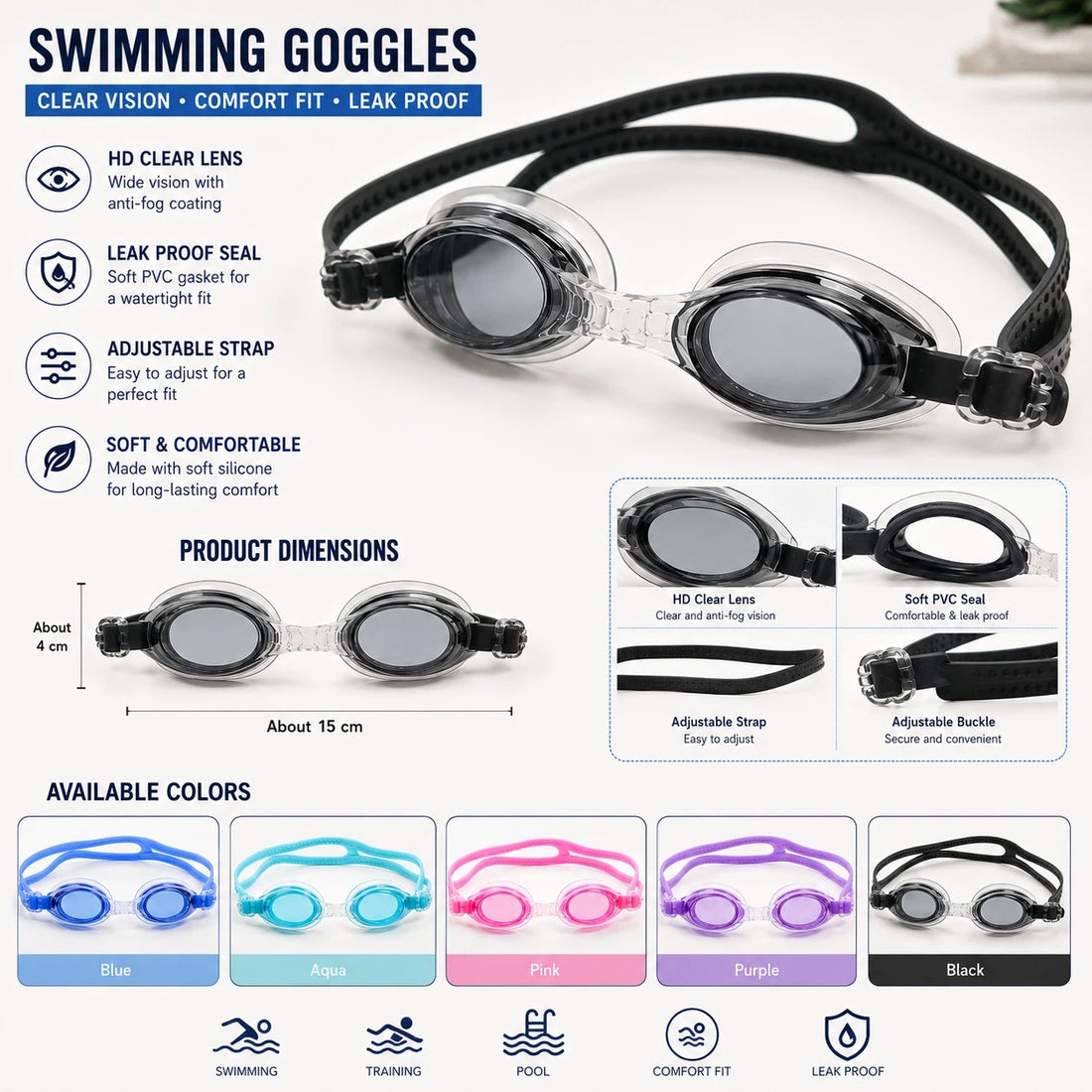 Kids Swimming Goggles Anti Fog UV Protection Adjustable Silicone Swim Goggles
