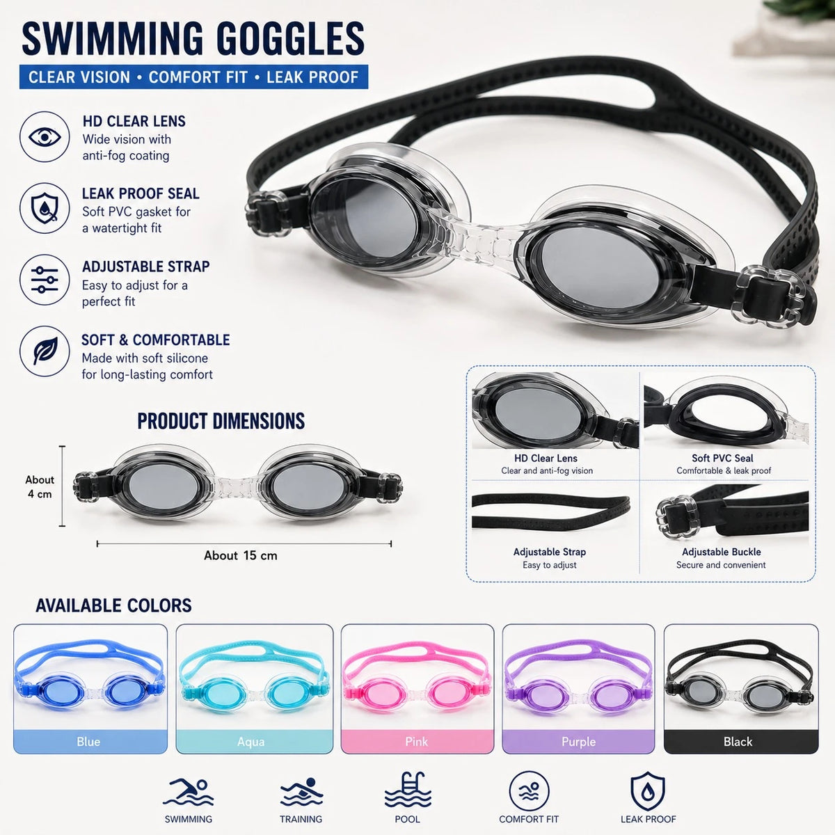 Kids Swimming Goggles Anti Fog UV Protection Adjustable Silicone Swim Goggles - Image 1