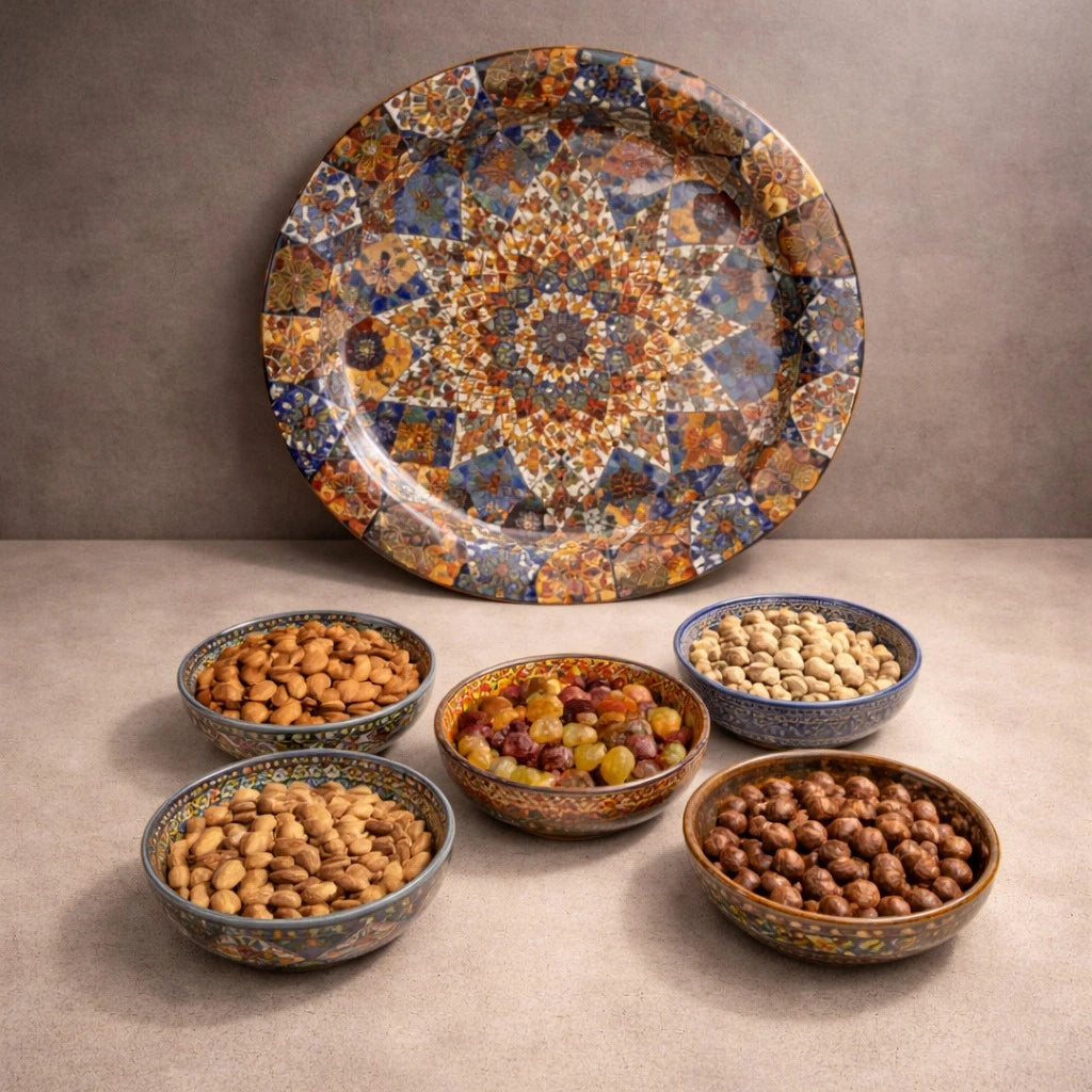 Turkish Serving Tray Set Metal Tray Ottoman Mosaic Mandala Design Coffee Tea Snack Set With 5 Bowls Decorative Serving Tray