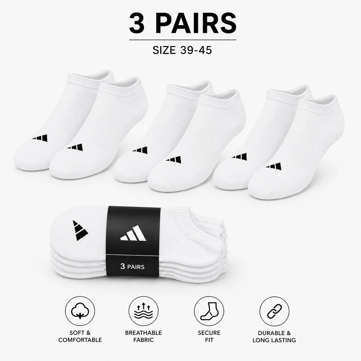 Adidas Socks Pack Ankle Socks 3 Pairs Black White Ankle Socks Set Cotton Sports Casual - Image 4