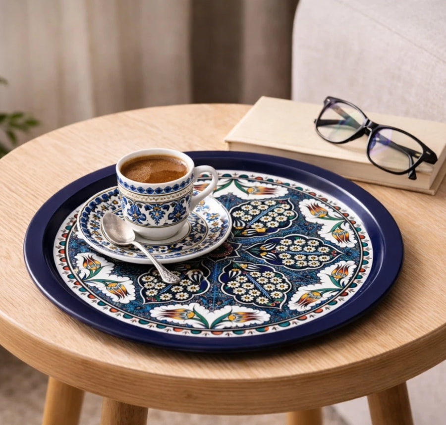 Turkish Round Metal Serving Tray with Mandala Design 28 cm