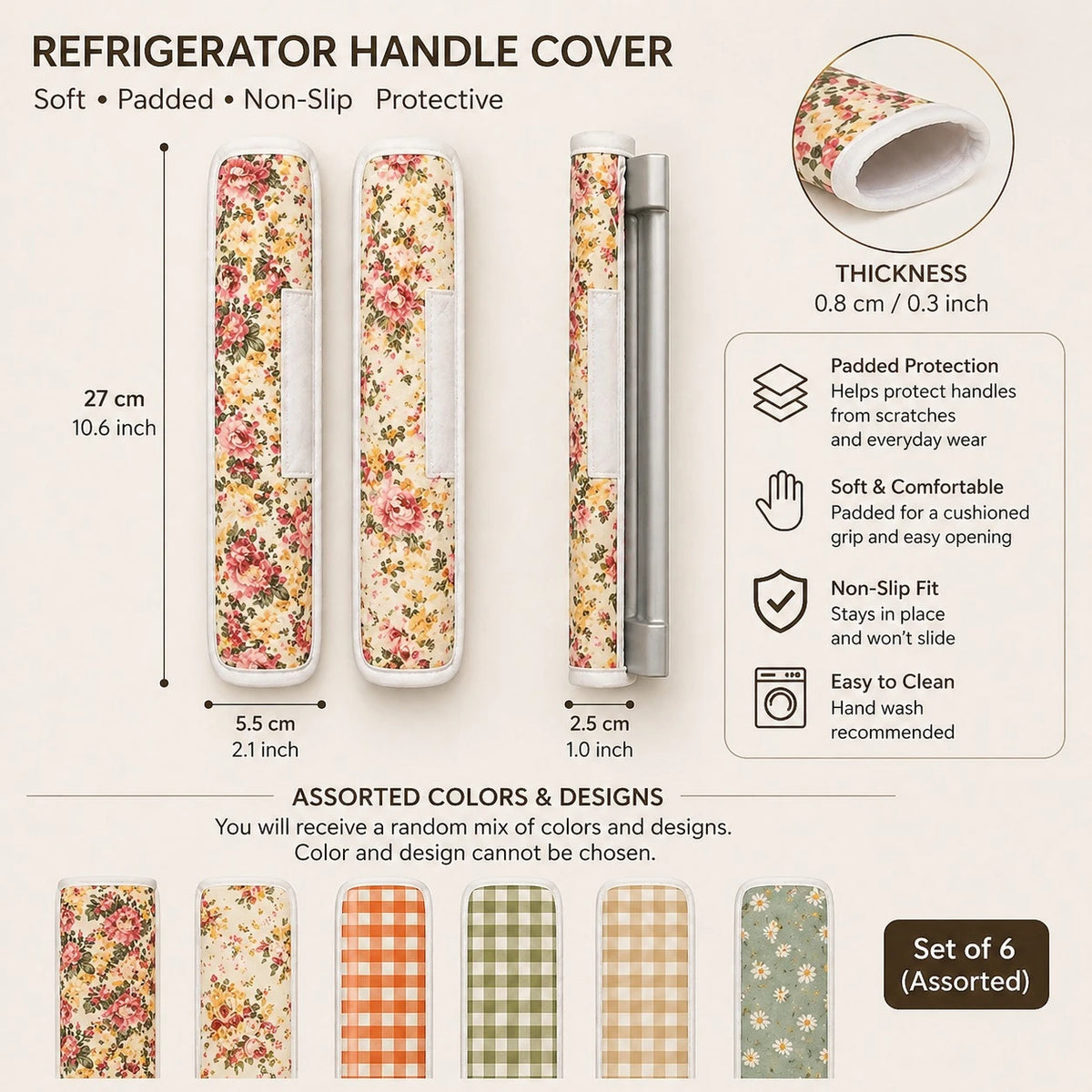 Fridge Handle Covers Set of 2 Soft Padded Washable Kitchen Door Handle Protectors Floral Checkered Assorted Designs - Image 3