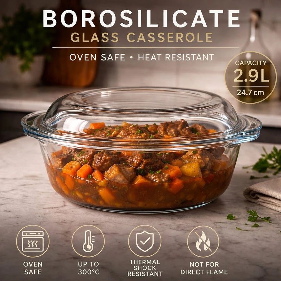 Borart Borosilicate Glass Casserole With Lid Oven Safe Baking Dish Cooking Pot Heat Resistant Kitchen Cookware Serving Dish 2.9L