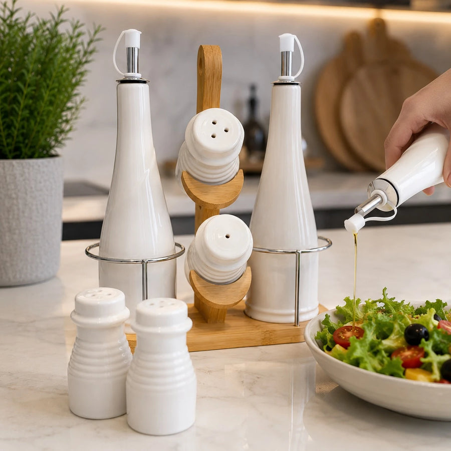 Ceramic Oil Vinegar Dispenser Set Salt Pepper Shakers Bamboo Holder Kitchen Condiment Organizer