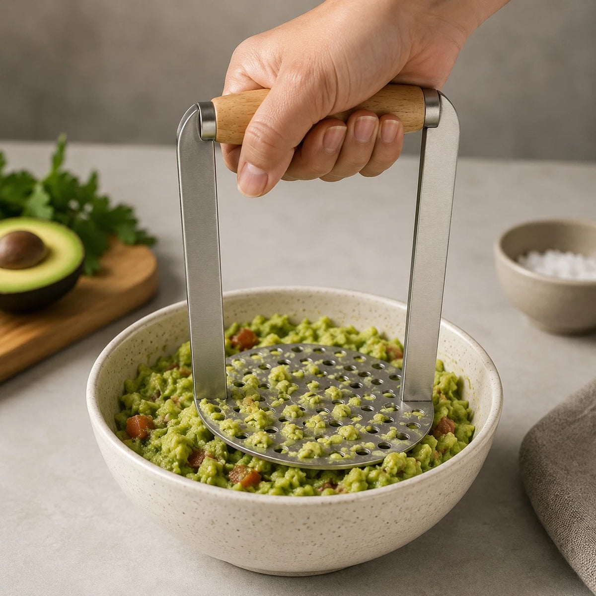 Heavy Duty Stainless Steel Potato Masher Vegetable Fruit Avocado Kitchen Press With Wooden Handle