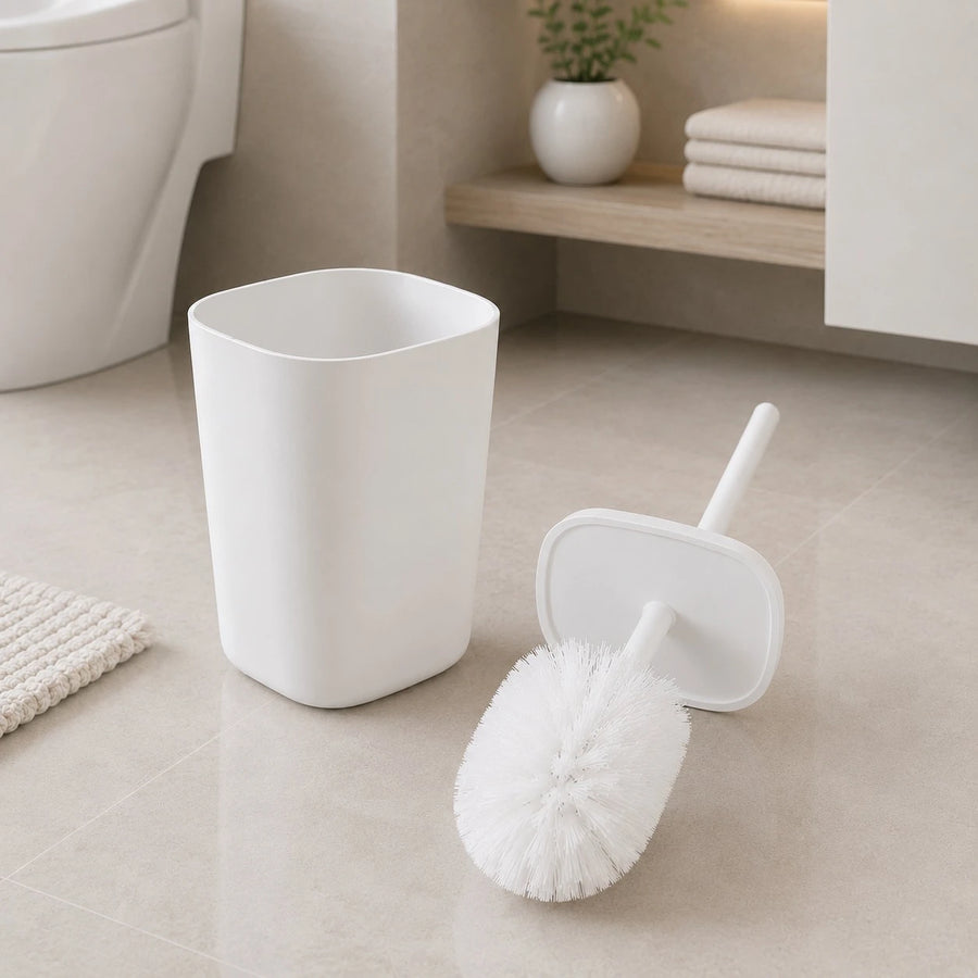 6 Piece White Plastic Bathroom Accessories Set with Trash Bin Soap Dispenser Toothbrush Holder Tumbler Soap Dish and Toilet Brush
