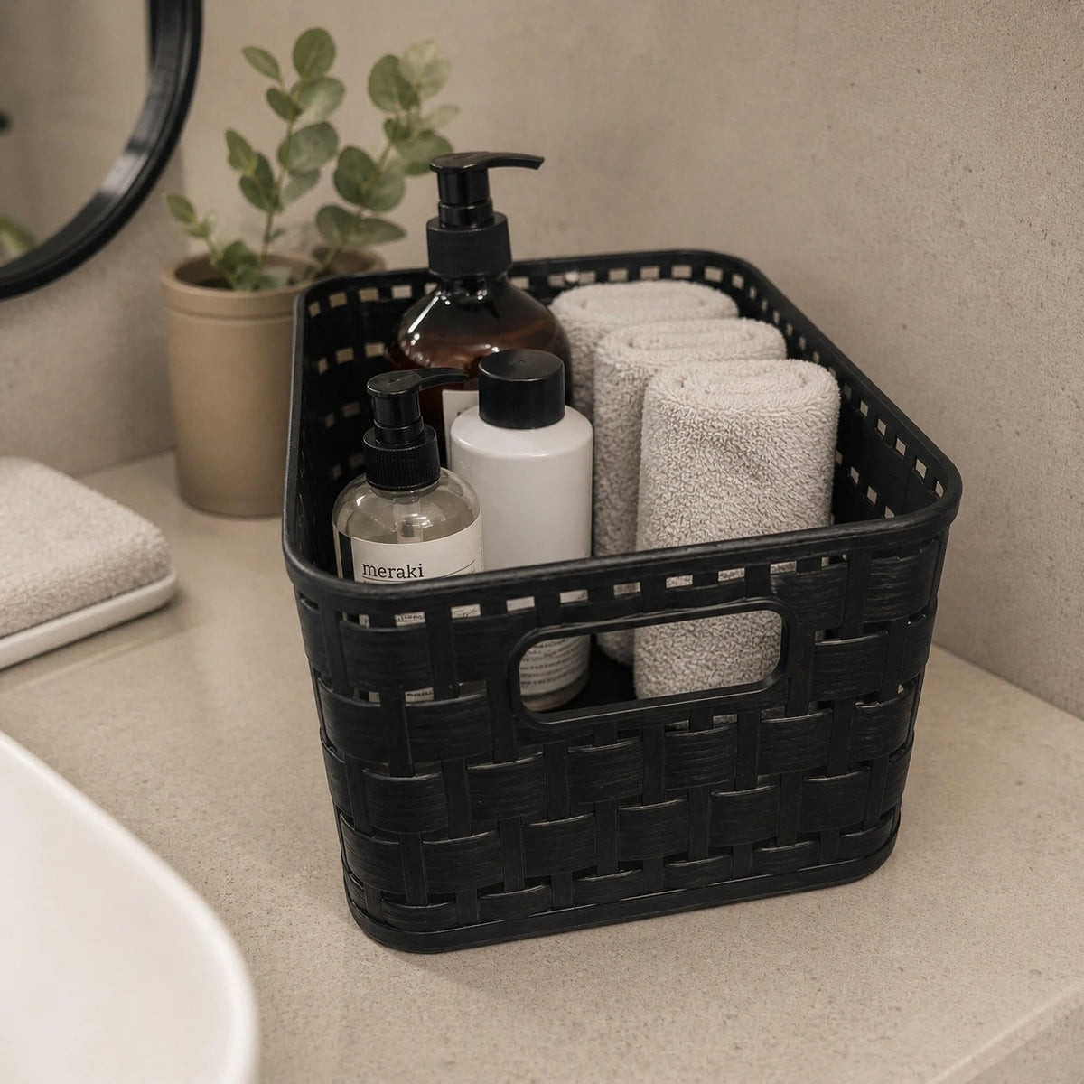 Rotho Swiss Design Small Storage Basket Organizer Plastic Woven Box Bathroom Kitchen Shelf Closet Office Storage