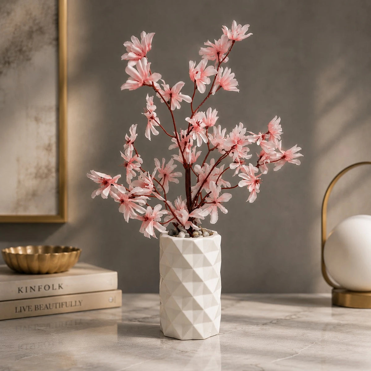 Artificial Pink Blossom Potted Plant Decorative Flower Vase Tabletop Home Office Shelf Decor