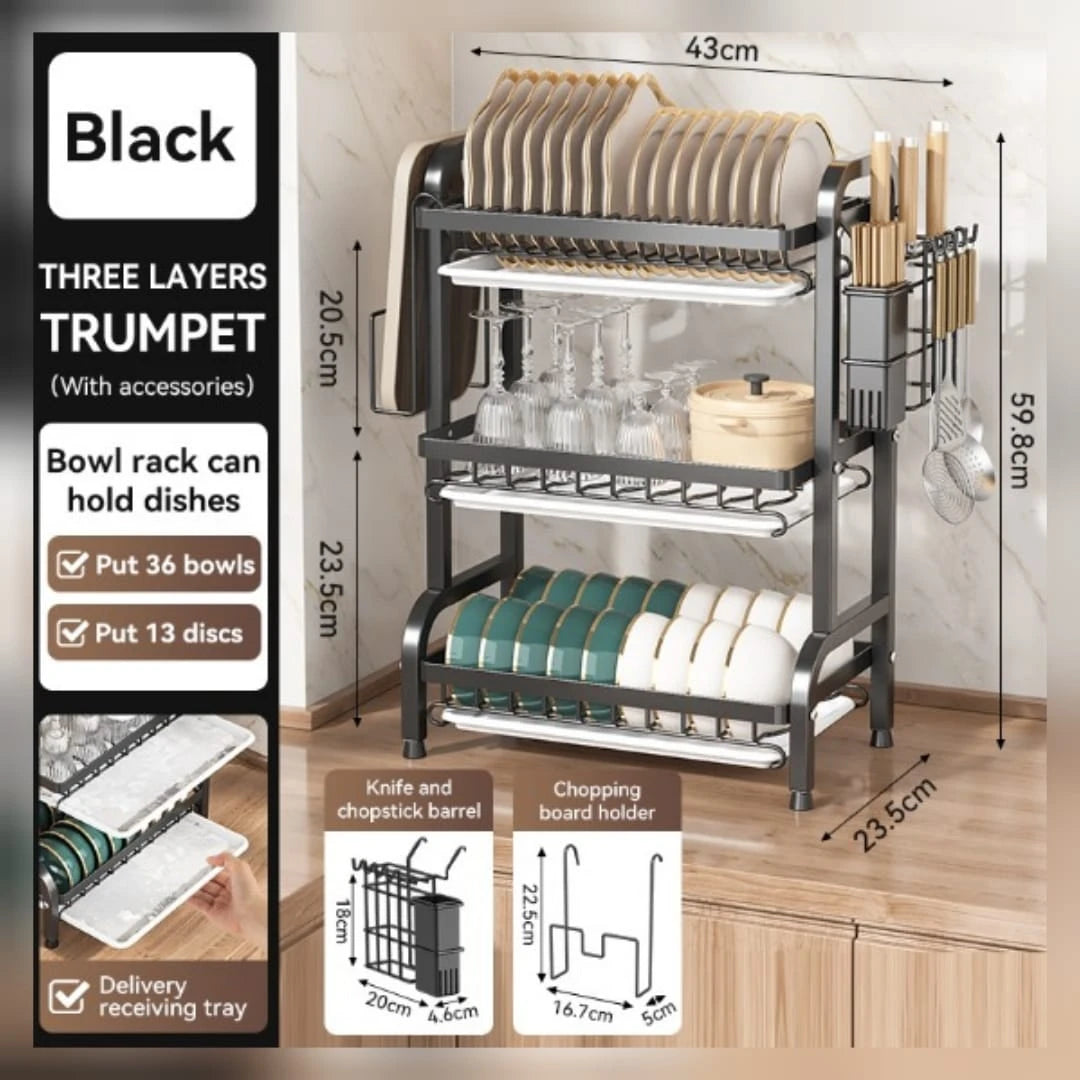 3-Tier Black Dish Drying Rack, Trumpet Model