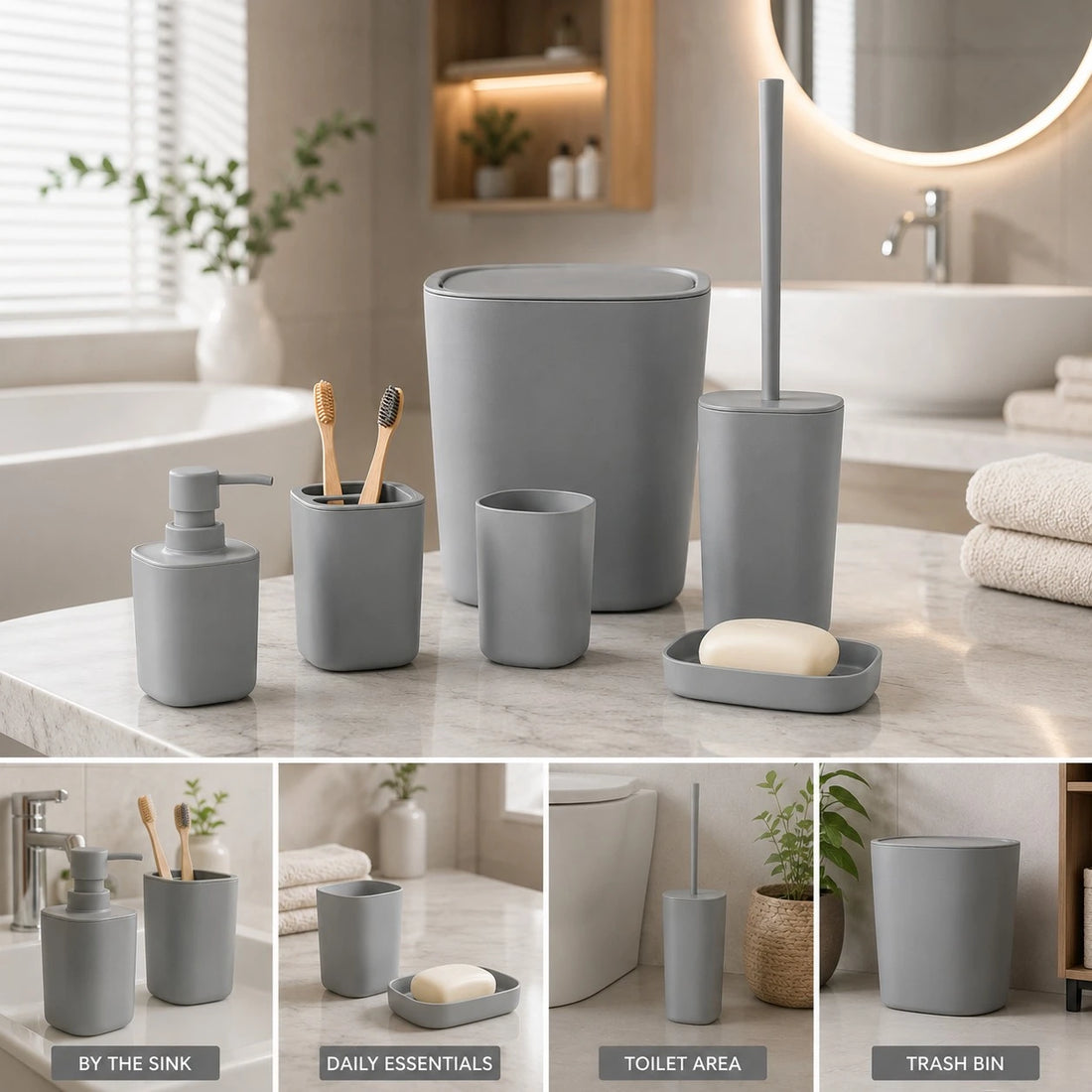 6 Piece Plastic Bathroom Accessories Set with Trash Bin Soap Dispenser Toothbrush Holder Tumbler Soap Dish and Toilet Brush