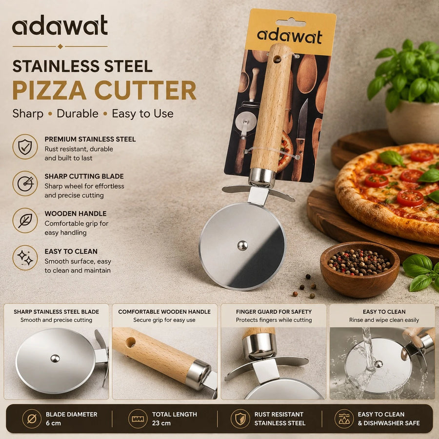 Adawat Stainless Steel Pizza Cutter Wooden Handle Pizza Wheel Cutter Pastry Cutter Kitchen Tool 7.5 cm 21 cm