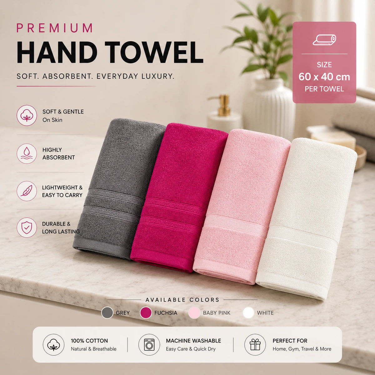 Travel Hand Towel Soft Cotton Absorbent Bathroom Face Towel 60x40 cm - Image 1