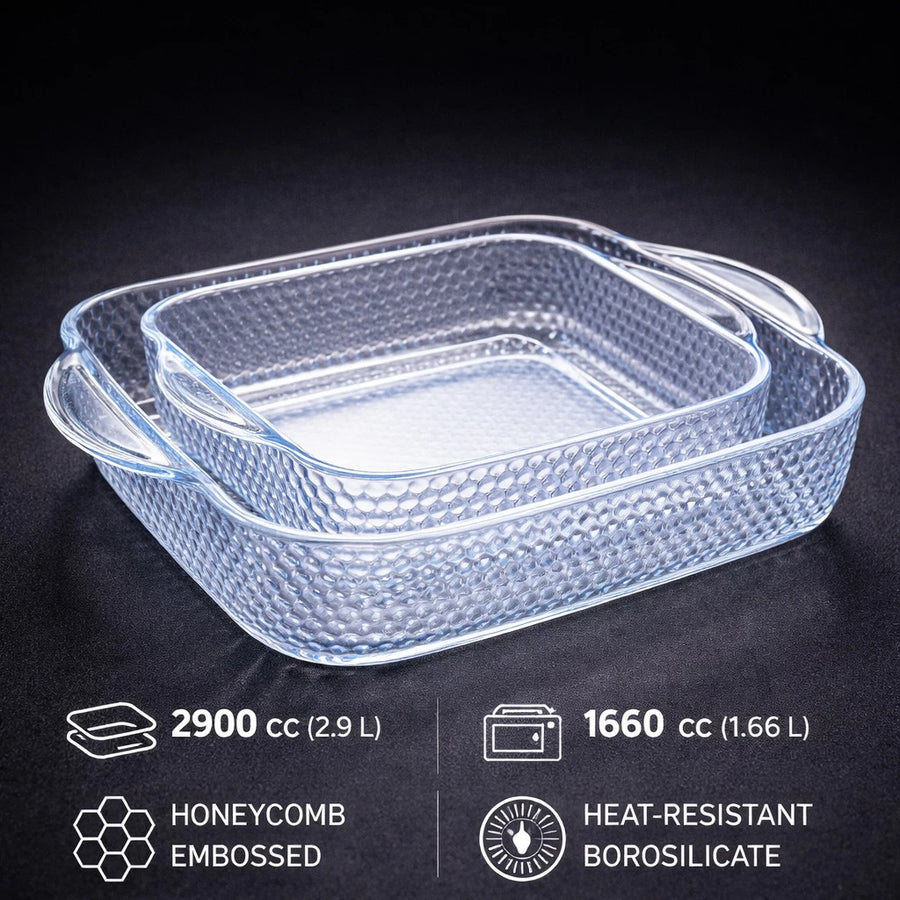 Borart Square Glass Baking Dish Set Borosilicate Oven Safe Baking Tray Roasting Dish Kitchen Oven Cookware Honeycomb Design 2 Pieces