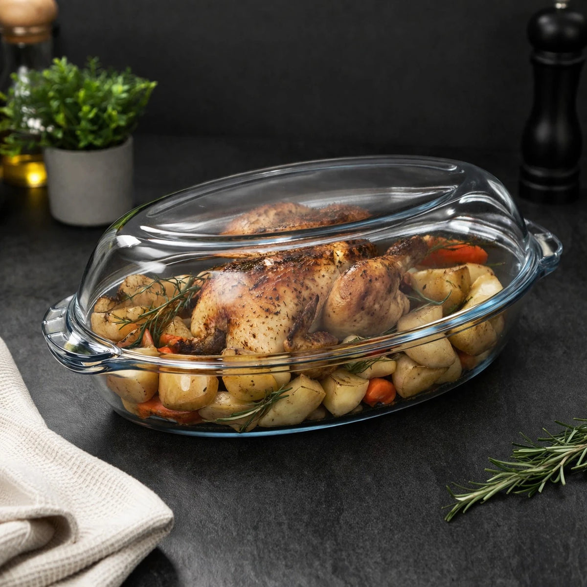 Borart Oval Glass Casserole Dish With Lid Tempered Glass Baking Dish Roasting Dish Oven Dish Microwave Safe Serving Dish Turkish Made 3800 ml - Image 1