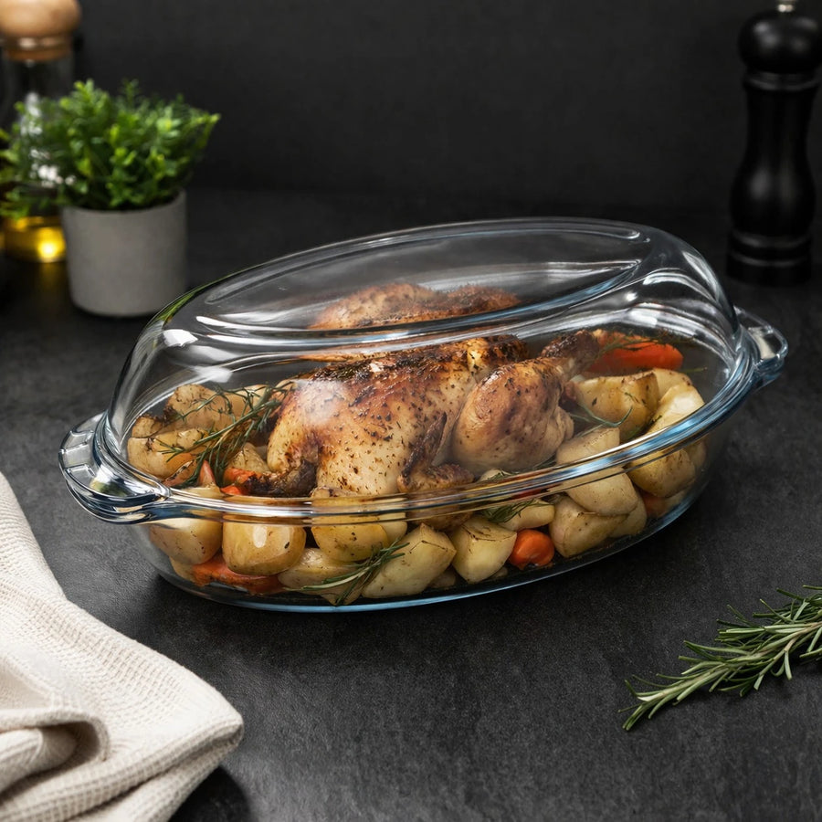Borart Oval Glass Casserole Dish With Lid Tempered Glass Baking Dish Roasting Dish Oven Dish Microwave Safe Serving Dish Turkish Made 3800 ml