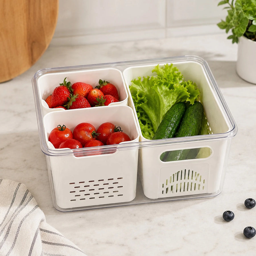 Food Storage Container With Removable Drain Basket Fridge Organizer Box Produce Keeper 30 x 20 x 14 cm