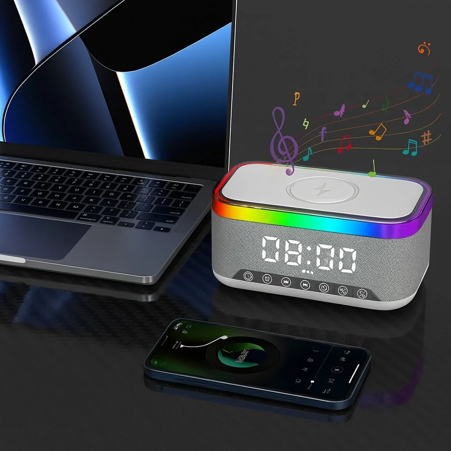 Bluetooth Speaker with LED Alarm Clock & Wireless Charger