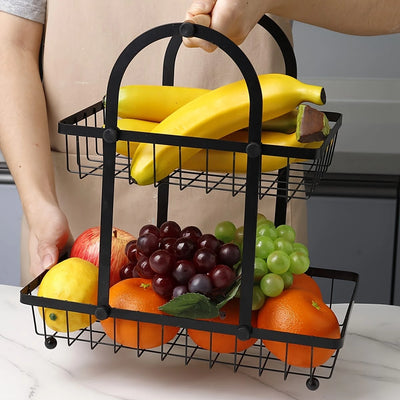 2 Tier Metal Fruit Basket Organizer with Modern Black Finish for Kitchen Countertop and Dining Table