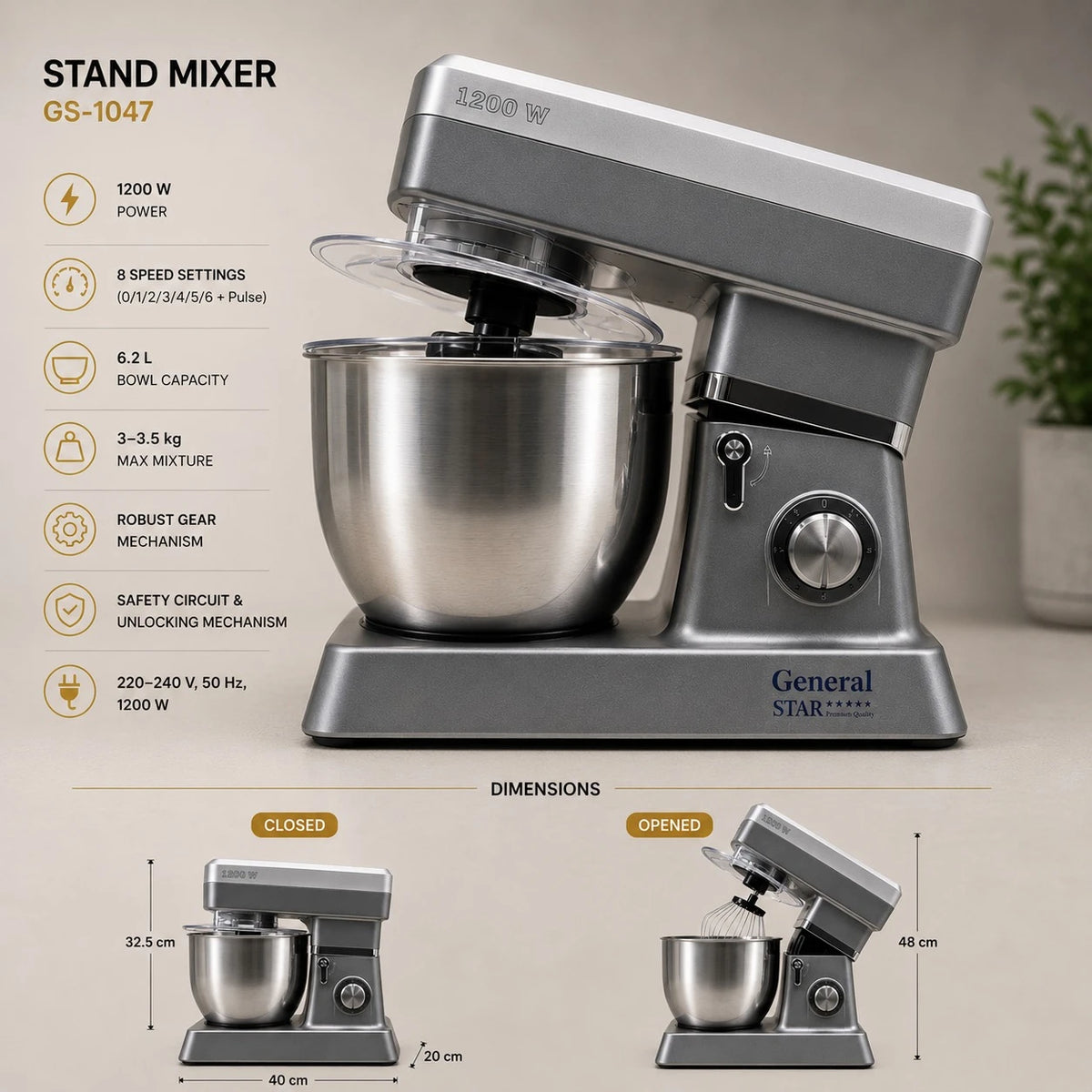 General Star Stand Mixer Kitchen Machine Food Mixer Dough Mixer Electric Baking Mixer 1200W 6.2L Stainless Steel Bowl 6 Speeds Pulse GS1047 - Image 9