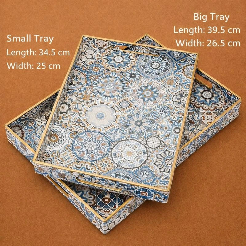 Arabesque Moroccan Tile Serving Tray Set 2 Pieces Rectangular Teal Gold Coffee Dining