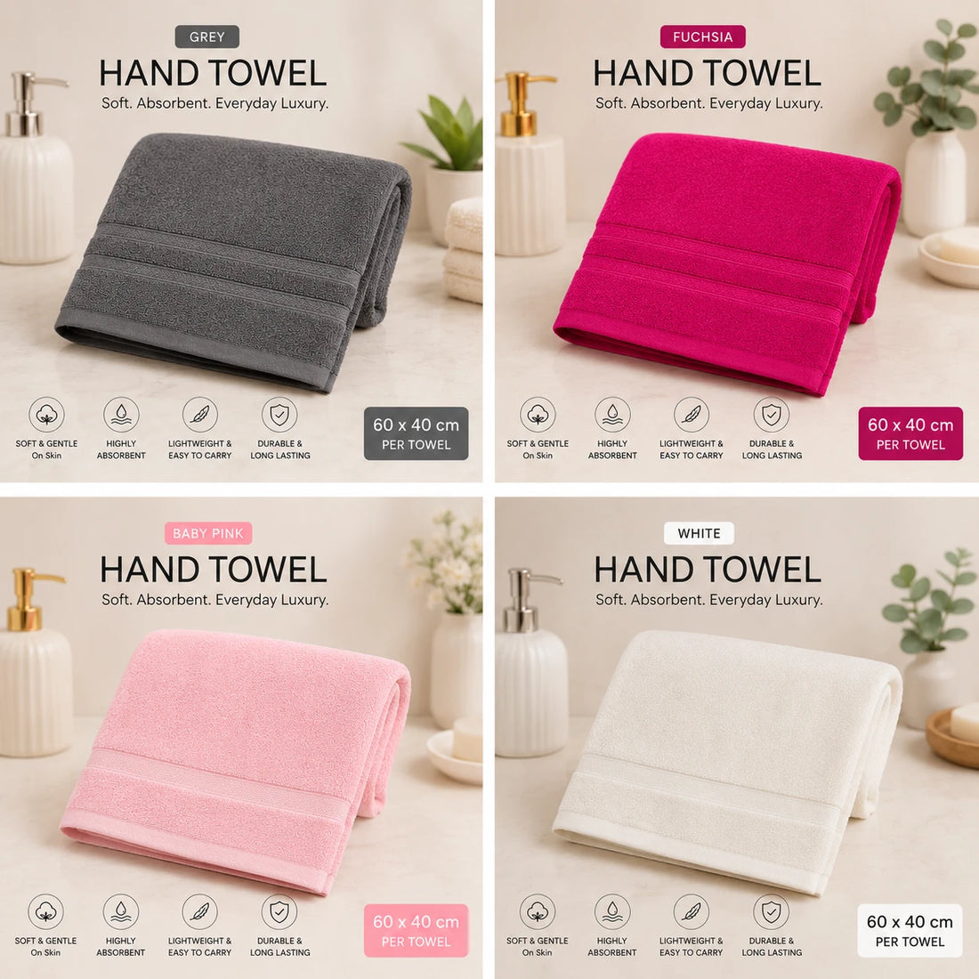 Travel Hand Towel Soft Cotton Absorbent Bathroom Face Towel 60x40 cm