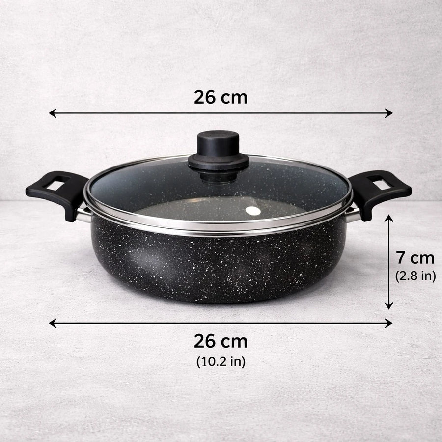 Cookware Set Granite Non Stick Pots Pans Black Speckled Glass Lid Turkish Made 7 Pieces
