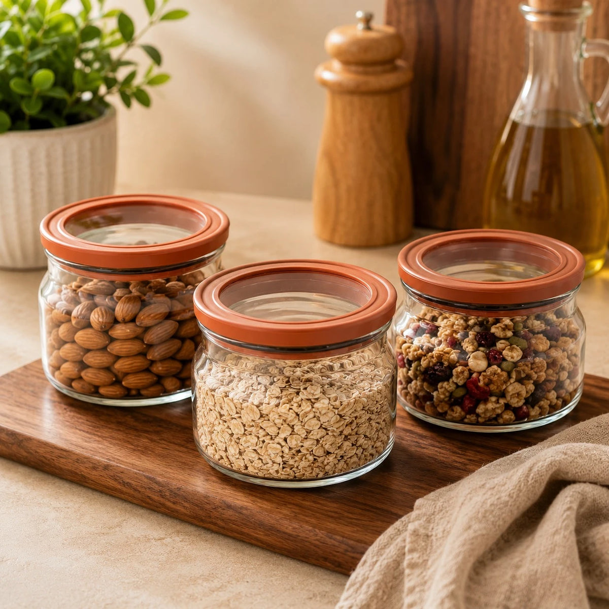 Glass Storage Jar Set Of 3 Airtight 600ML Clear Glass Food Container With Rubber Edge Plexi Top Kitchen Pantry Organizer - Image 1