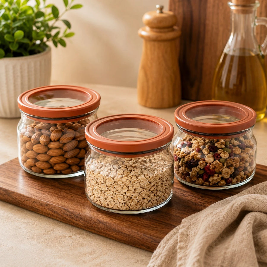 Glass Storage Jar Set Of 3 Airtight 600ML Clear Glass Food Container With Rubber Edge Plexi Top Kitchen Pantry Organizer