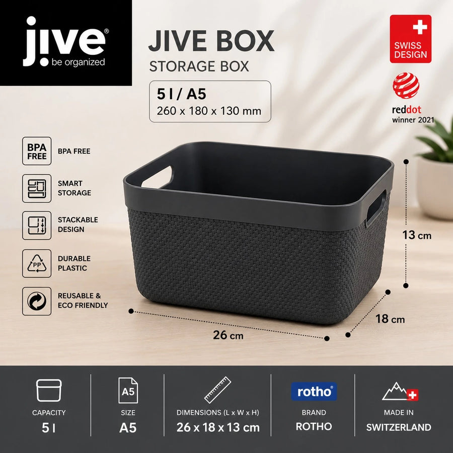 Rotho Jive Box Storage Basket Set Plastic Organizer Boxes A5 Size 5L Swiss Design BPA Free Stackable Storage Containers