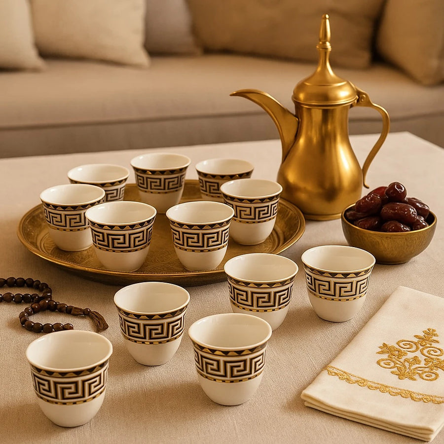 Black & Gold Greek Pattern Coffee Espresso Cups, Set of 12