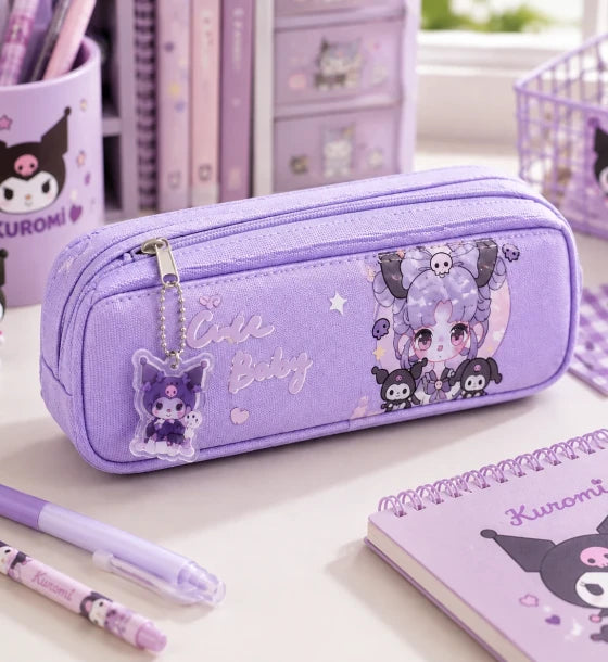 Purple Cute Cartoon School Pencil Case with Character Charm