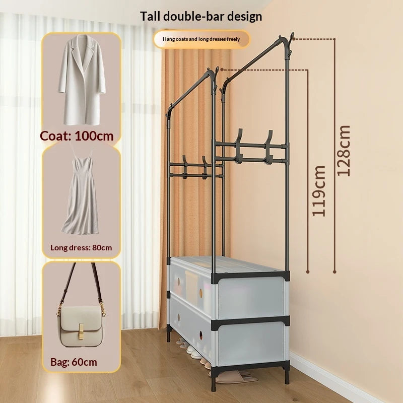 Double Clothes Rack with Storage Flip Covers Multifunctional Wardrobe Organizer & Shoe Cabinet