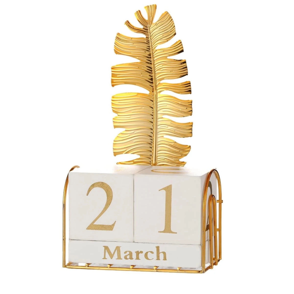Gold Perpetual Desk Calendar with Wooden Date Blocks and Decorative Leaf Metal Frame