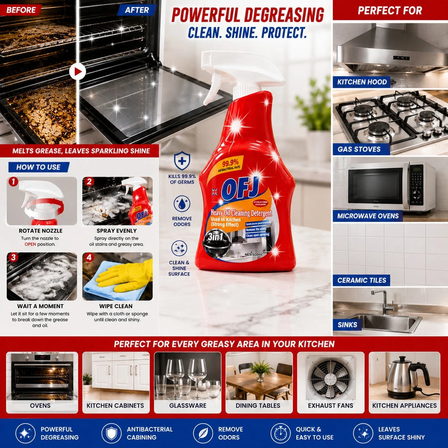 OFJ Heavy Oil Cleaning Detergent Kitchen Degreaser Spray 3 In 1 500ml Grease Remover Cleaner