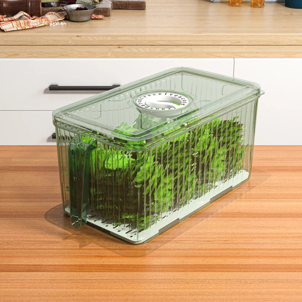 Fresh Keep Storage Drain Container Food Storage Box with Built In Drainer for Fruits Vegetables Fridge and Pantry Use