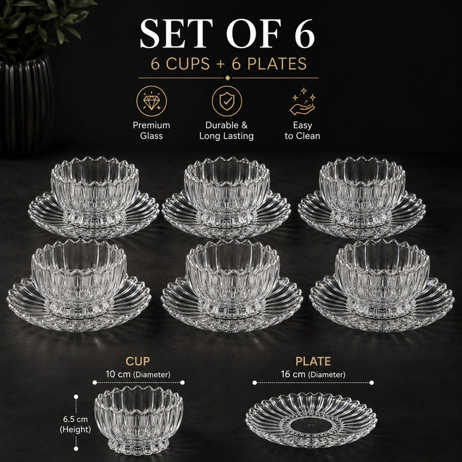 Glass Dessert Bowl and Plate Set of 6 Clear Ribbed Serving Bowls with Matching Plates