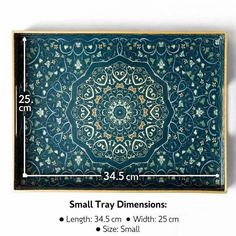 Arabesque Serving Tray Set 2 Pieces Teal Gold Decorative Coffee Dates Dessert Tray Ramadan
