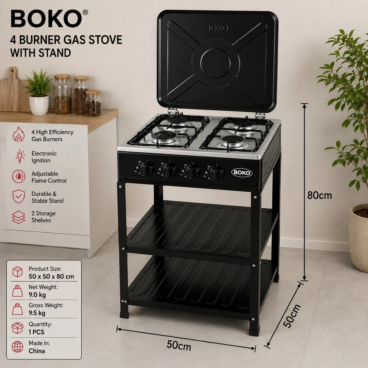 BOKO Gas Stove With Stand 4 Burner Gas Cooker Kitchen Stove Metal Storage Rack Freestanding Cooking Stove - Image 1