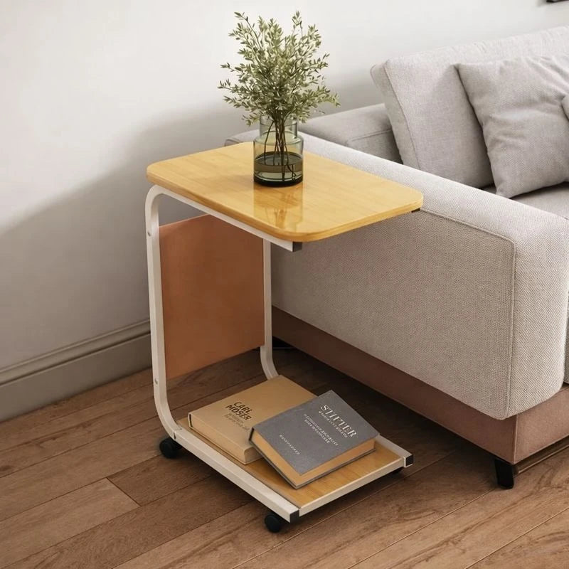 C Shaped 2 Tier Side Table With Wheels Sofa Bedside Laptop Coffee Table For Home Office - Image 8